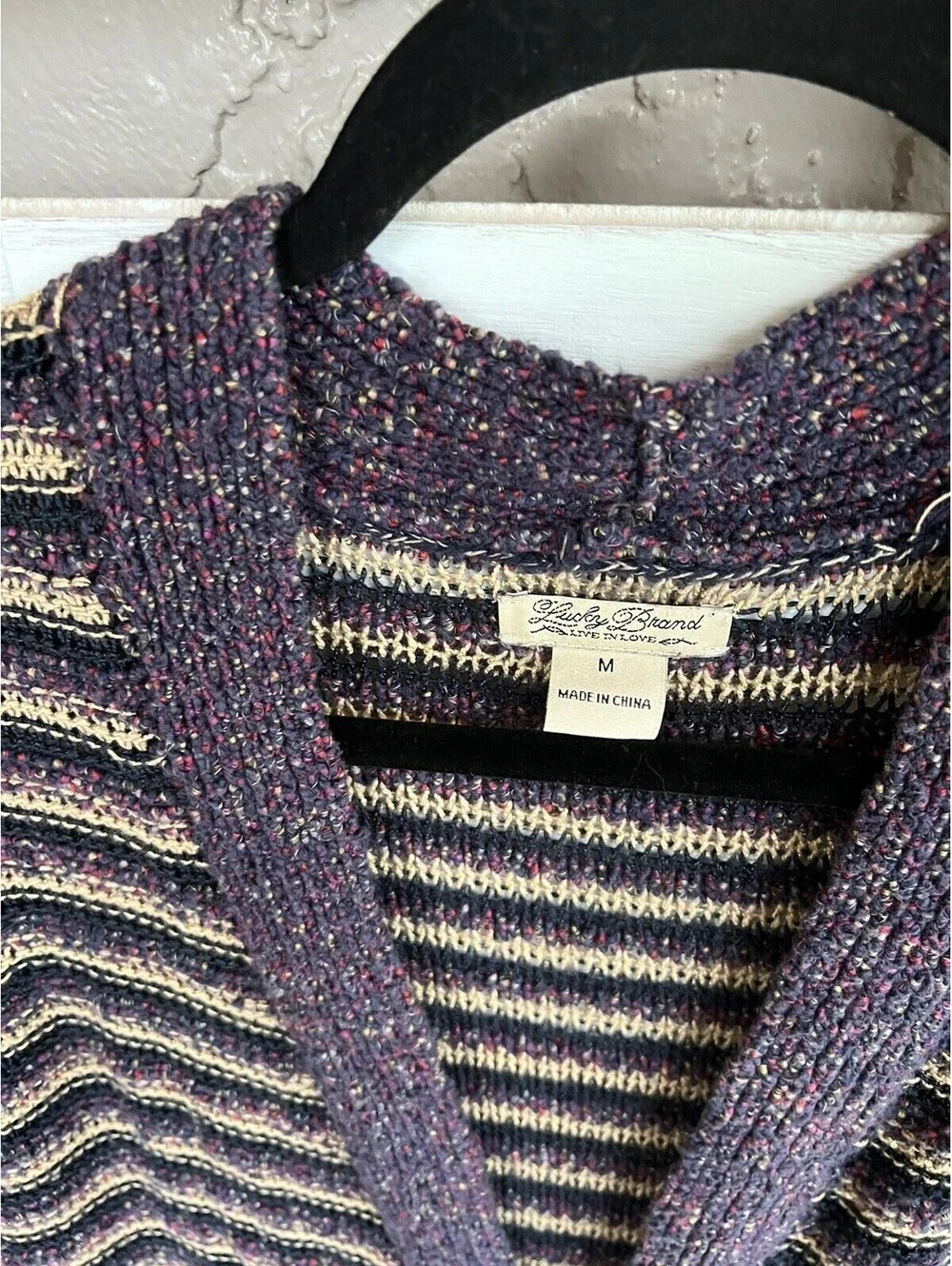 Lucky Brand Striped Pockets Long Cardigan Sweater  Purple Cream Size M.